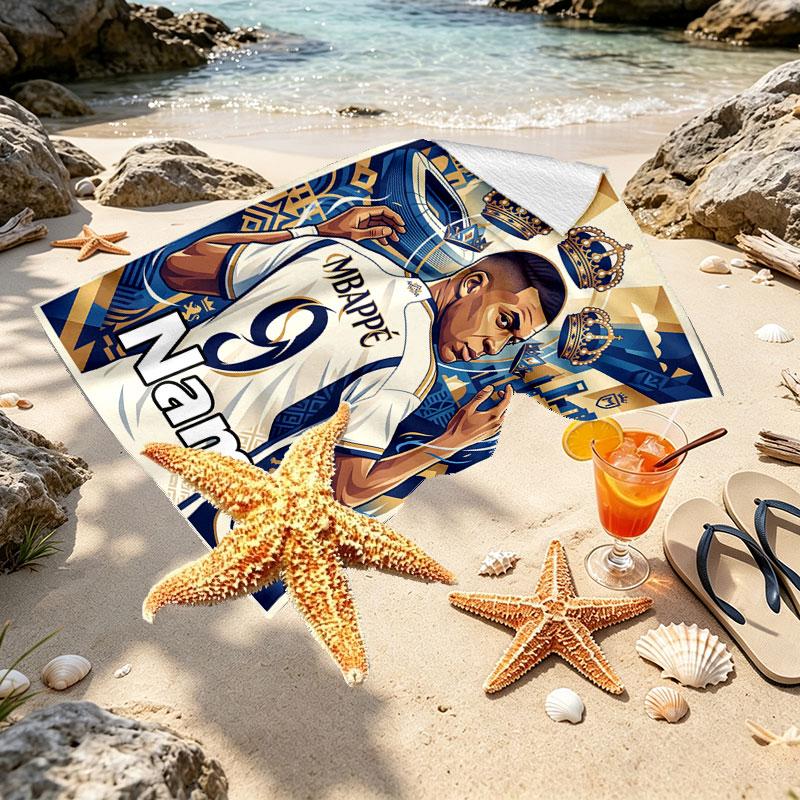 Personalisierbares Strandtuch mit Kylian Mbappe Aufdruck und individuellem Namen, für Reise Camping Strandparty Heimdekoration, Geburtstagsgeschenk für Familie & Freunde