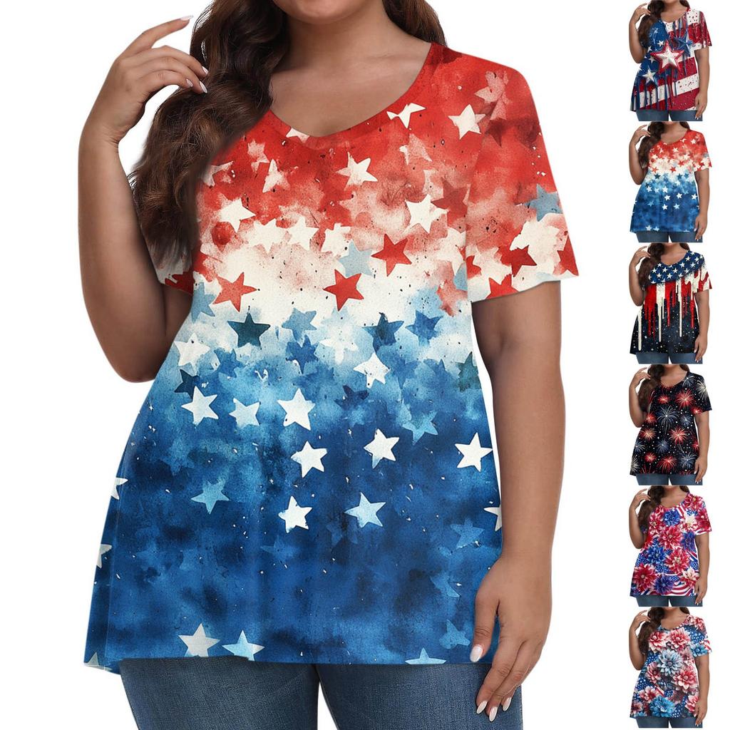 Damenmode Lässig V-Ausschnitt Pullover Kurzarm Übergröße Bedrucktes T-Shirt Top