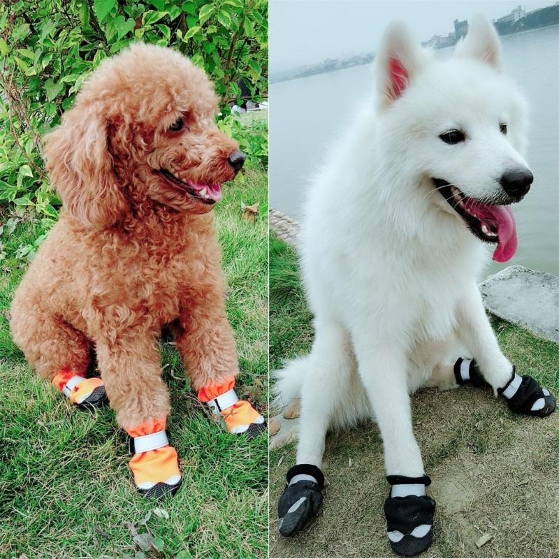 4pcs Lightweight Dogs Shoes with Reflective Striped Dogs Comfortable Dogs Daily Walking Booties Lightweight Cats Shoes