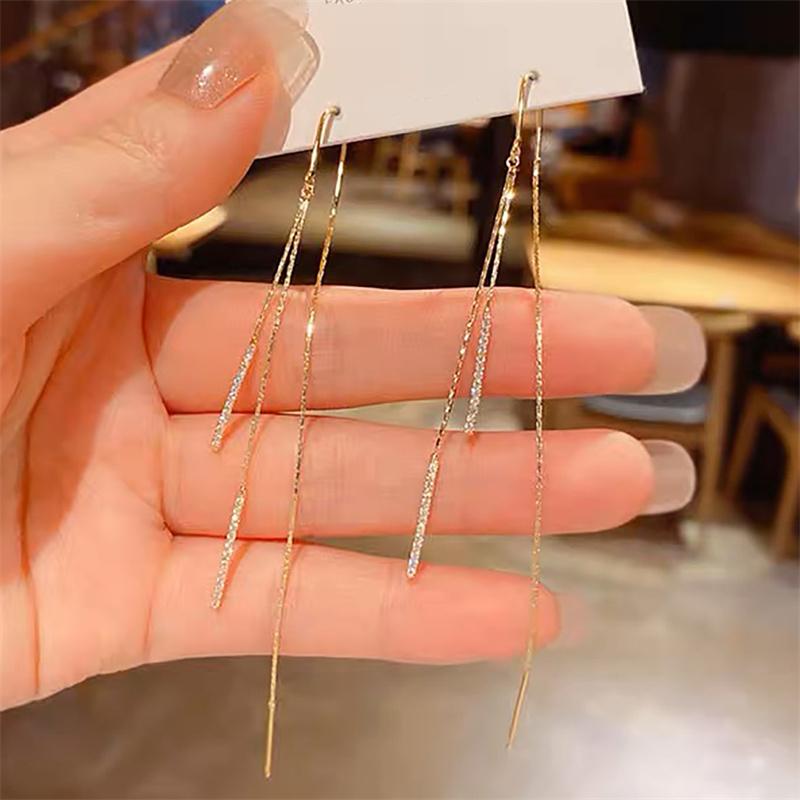 Długie pozłacane miedziane kolczyki wiszące z kryształowymi liśćmi i frędzlami dla kobiet, moda ślubna 2020, prezent z cyrkoniami