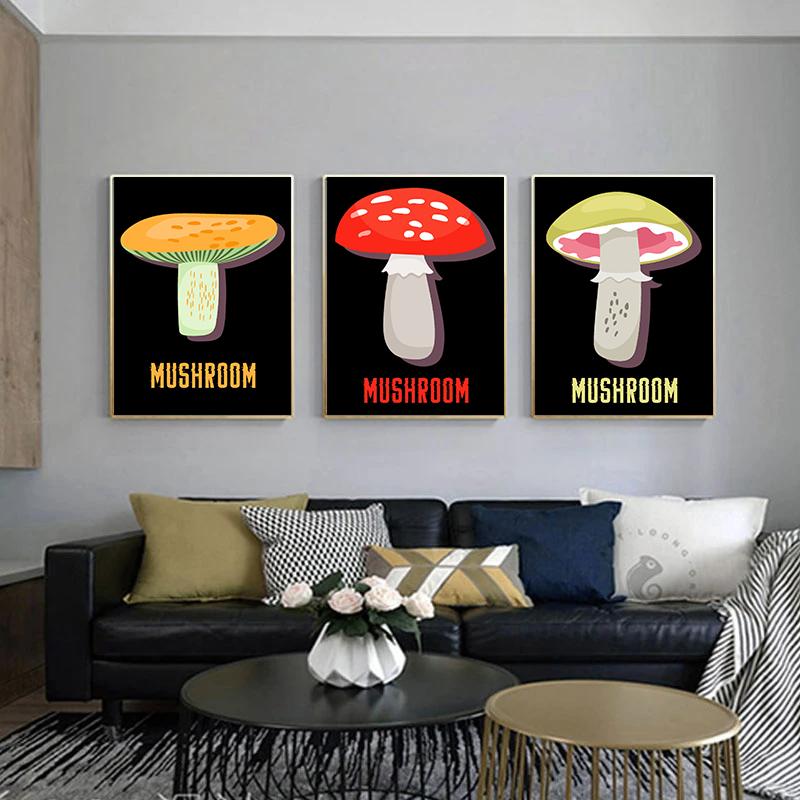 Póster de Setas Variadas Moderno Lindo Comida Seta Dibujos Animados Pintura en Lienzo Arte de Pared Imagen para Cocina Sala de Estar Decoración del Hogar