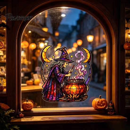 Decorative Glass Mirror Stickers Halloween Witch And Medicine Cauldron Window Sticker, Stained Effect PVC Decal Clings for Doors Mirrors, Removable