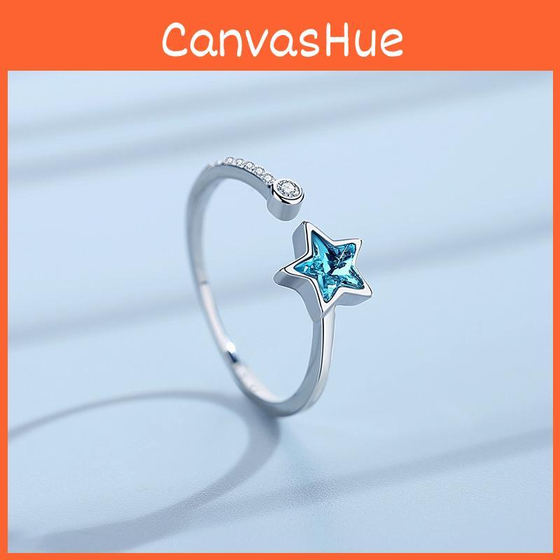 Atemberaubender 925 Sterlingsilber Sternring für Damen mit blauen Diamanten, verstellbares Design