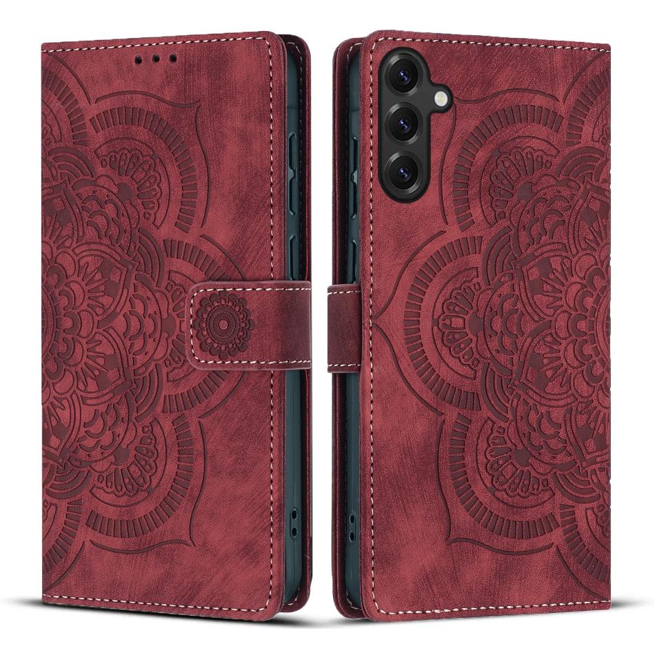 

For Samsung Galaxy S25+ Leather Case WANLONFENG HDM Series Mandala Imprint Wallet Stand Phone Cover Wine Red