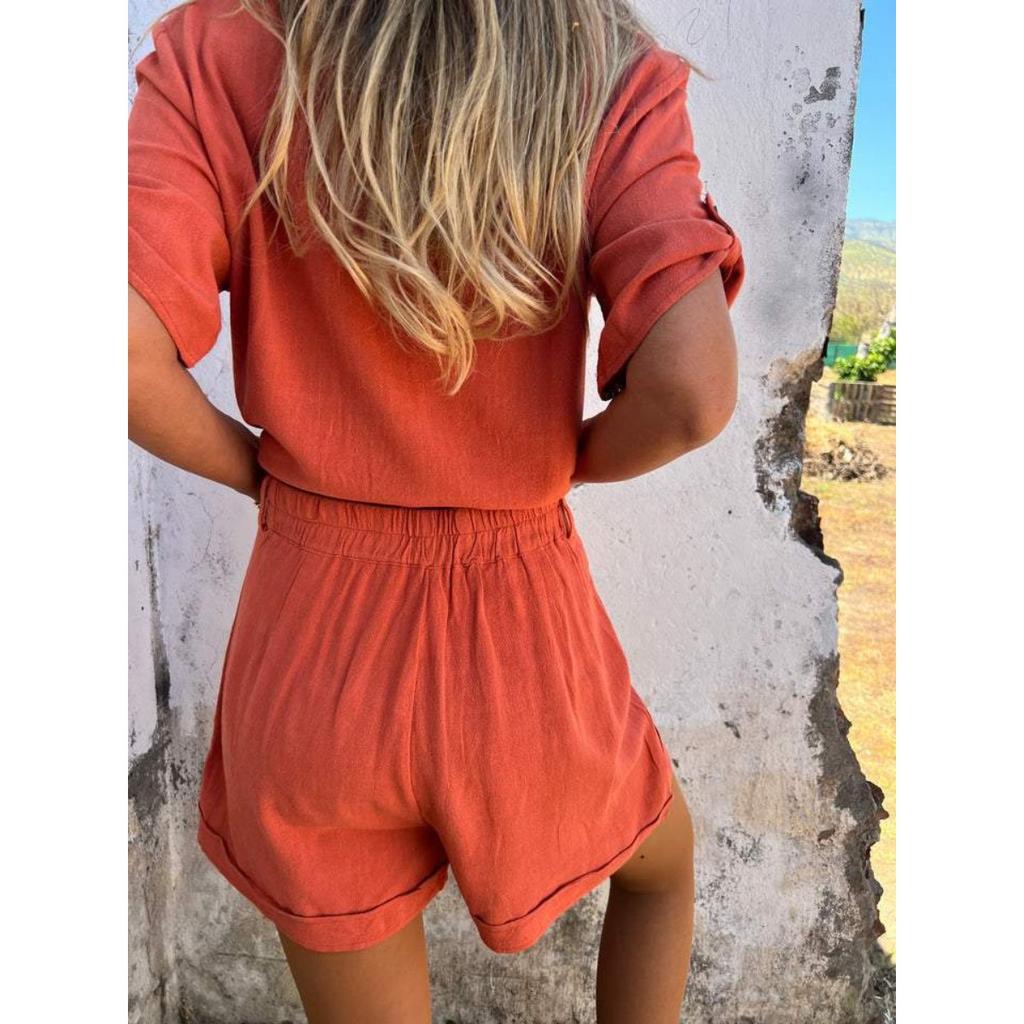 Lněný dvoudílný set, Volná košile, Šortky s vysokým pasem, Bavlněné lněné šortky s krátkým rukávem, Ležérní, Dámský, Oblek