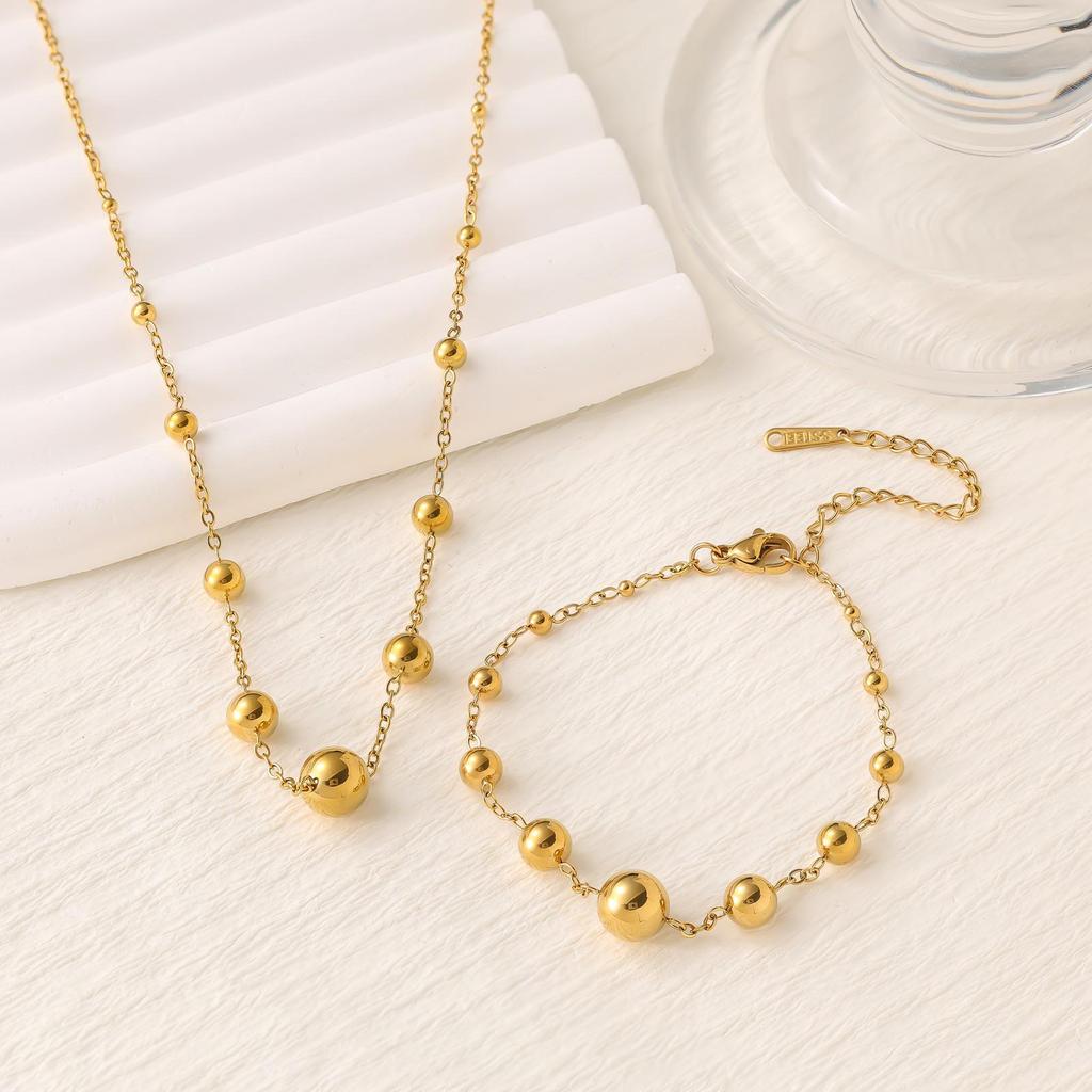 18K Gold-Plated Stainless Steel Bead Bracelet & Necklace Set for Women - Non-Fading, Versatile Fashion Jewelry