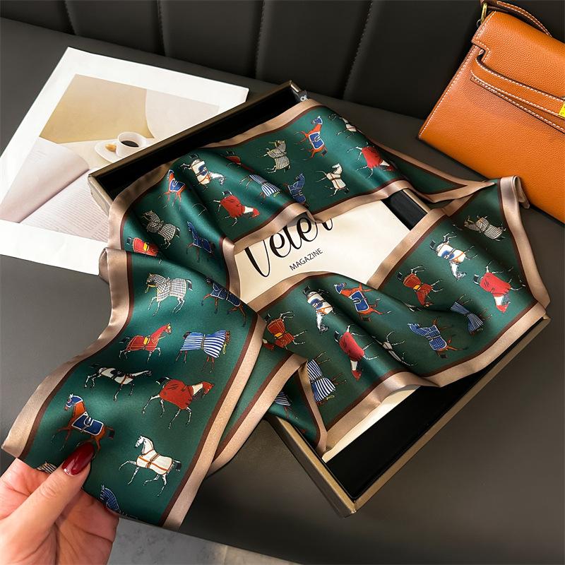 147x14cm Elegant Horse Print Scarf Graphic Ribbon Women Cozy Imitation Silk Scarf Versatile Neckerchief Length Fashion Headband