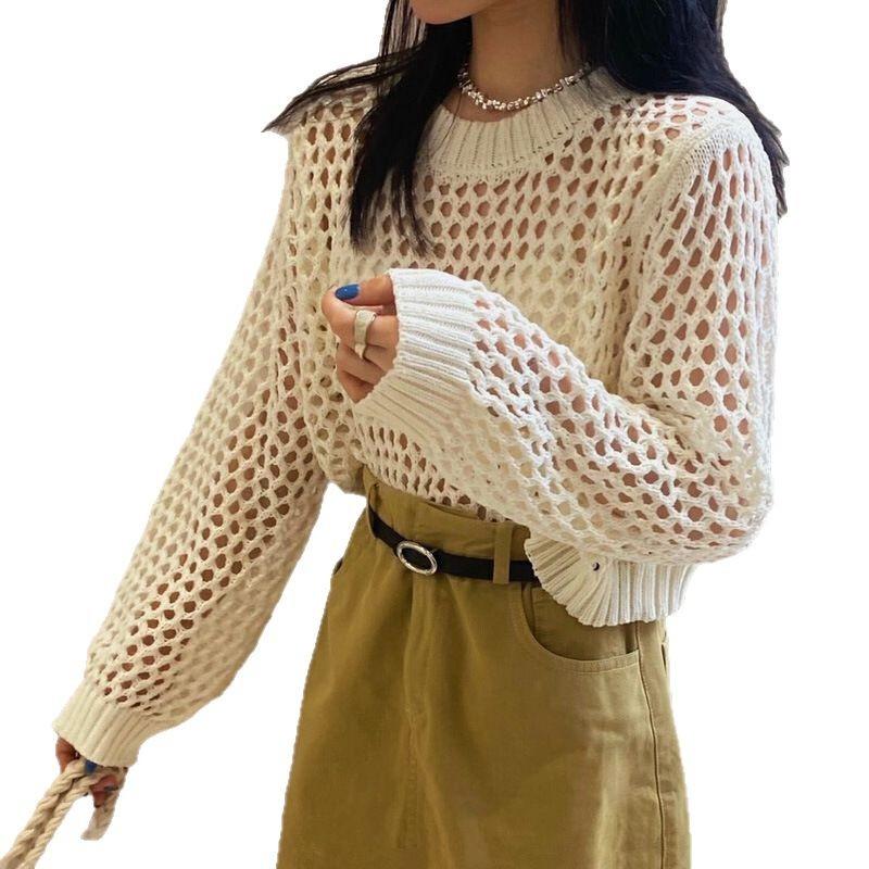 Spring and Summer Long Sleeve Hollow Knitted Sweater Women's Solid Color Inner Suspender Pullover Crew Neck Top Short Grid Design