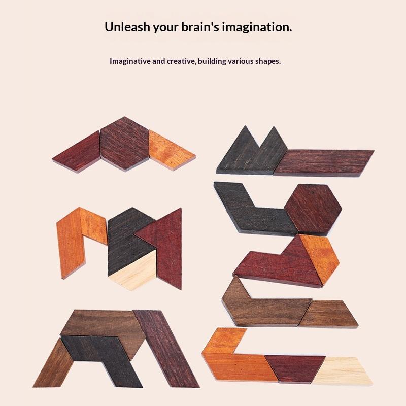Hexagon Tangram Puzzle Wooden Jigsaw 7 Pieces for Children and Adults Challenging Brain Training Logic Toy Home Play