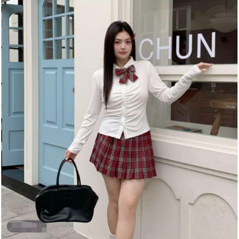 Achai's Plus size JK Chubby Girl Original Preppy White Long Short Sleeve Waist Hugging Shirts Blue Plaid Pleated Skirt Set
