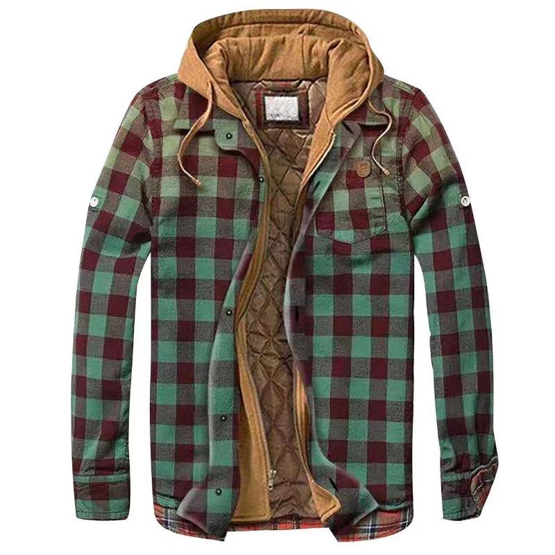 Men's Clothing European and American Autumn and Winter Thickened Cotton-padded Plaid Long-sleeved Loose Hooded Jacket