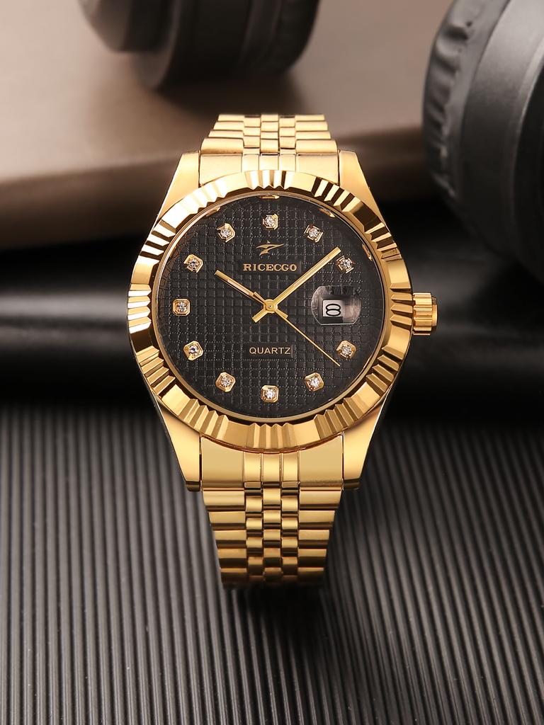 1pc Quartz Watch with Calendar Display Dial Set with Diamonds and Textured Design Fashionable Jewelry Accessories Dual Calend