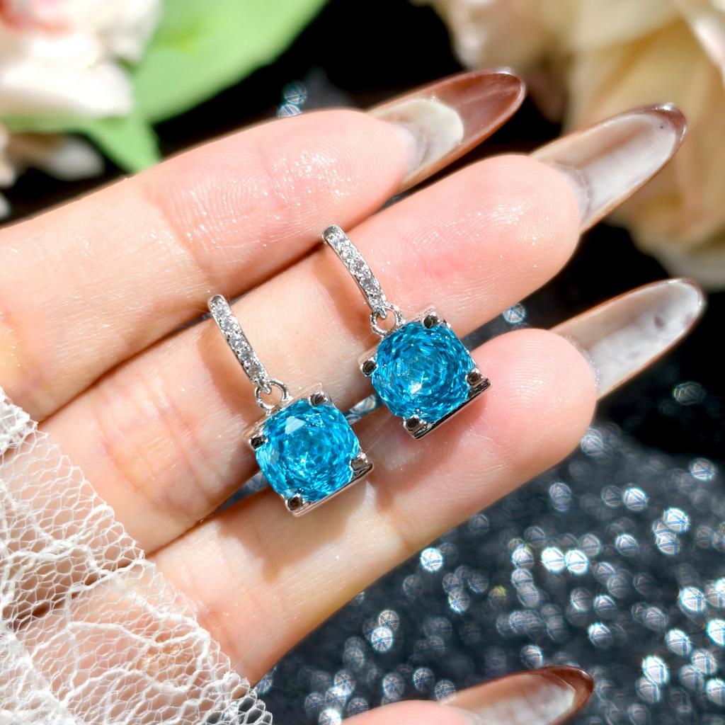 Rose Cut Sea Blue Octagon Flash Diamond Necklace Pendant Open Ring Stud Earrings Bracelet