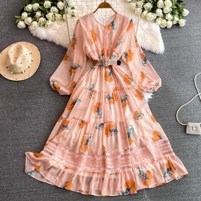 Autumn Vintage Women Floral Printed Patchwork Long Dress Elegant V-Neck Puff Sleeve Hollow Out Hem Vacation Beach Vestidos New