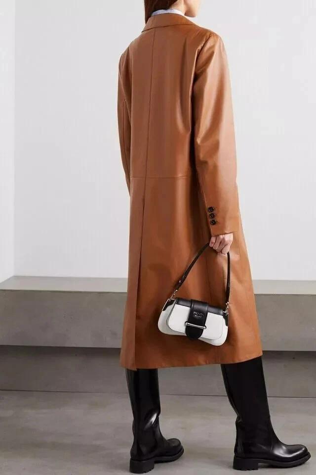 Piele Casual Elegant Moale Femei Trenci Maro Închis Piele de Miel Lucrată Manual Autentică