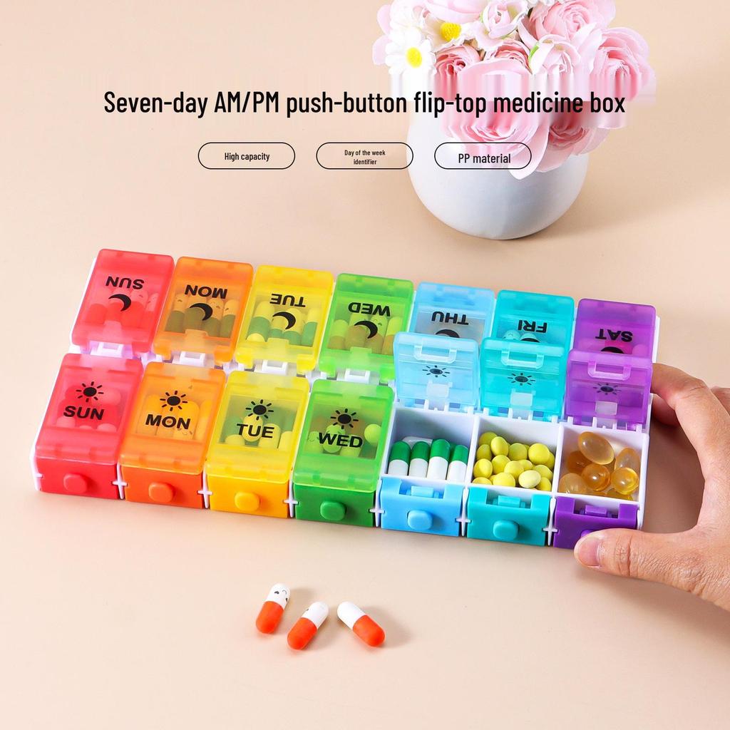 Portable 14-Grid Press-Type Weekly Pill Organizer Box