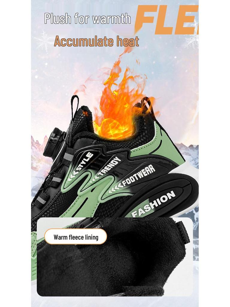 Boys' 2025 Autumn/Winter Sports Shoes with Rotating Button, Double-Layered Cotton, Plus Velvet Warmth for Medium and Large Children.