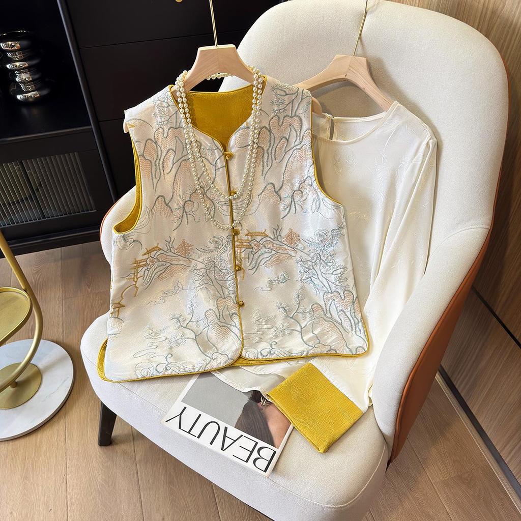 Women's Double-Sided Embroidered Chinese Style Vest and Loose Shirt Set for Spring and Autumn 2025