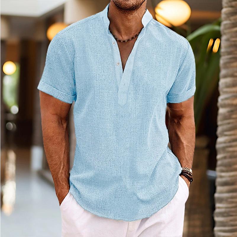 Camicia da Uomo Estiva 2026 Taglie Forti Collo Henley Manica Corta Tinta Unita