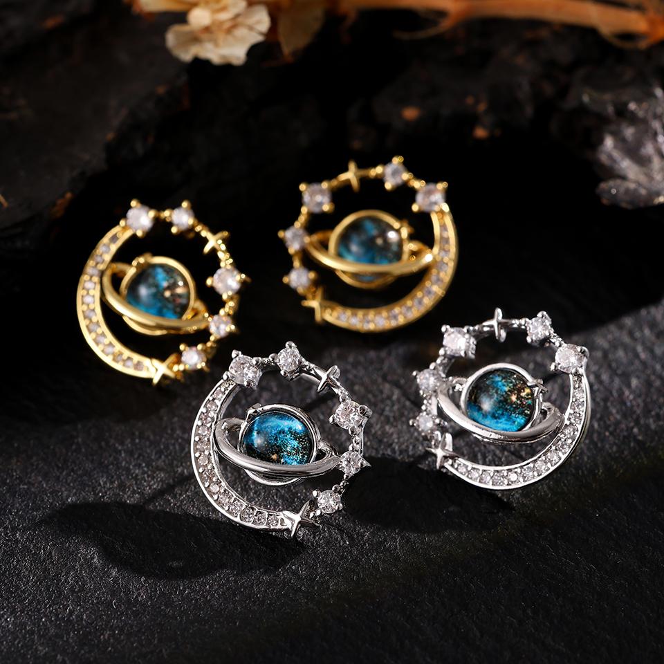 ZAKOL New Universe Planet Shiny Zircon Stud Earrings for Women Korean Fashion Aesthetic Zircon Ear Accessories