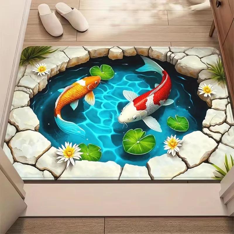 3D High-definition Printed Koi Fish Tank Door Mat Anti Slip Bathroom Floor Mat Suitable for Bedroom Living Room Entrance Carpet