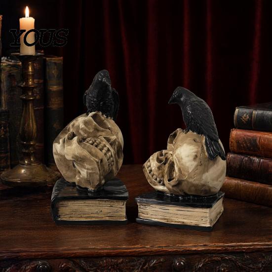 Halloween Party Atmosphere Props Skull Head Statue, Gothic Crow And Book Sculpture, Retro Resin Decor for Spooky Statue Home Table