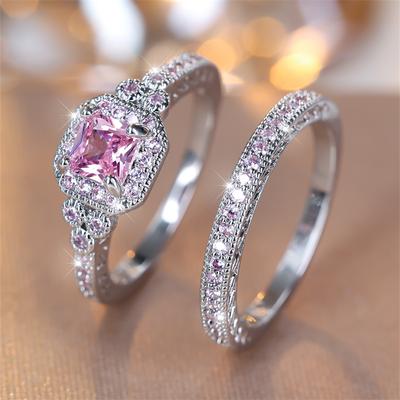 Ensemble de bagues en pierre rose, couleur argentée, coupe princesse, de luxe, amour, bague de fiançailles, ensemble de bijoux de mariage Vintage