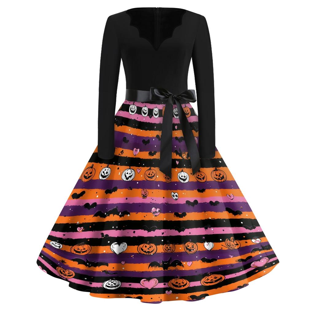 Women's Casual Vintage V Neck Dress with Halloween Print Long Sleeve Fit and Flare Knee Length Dress with Waist Tie Belt