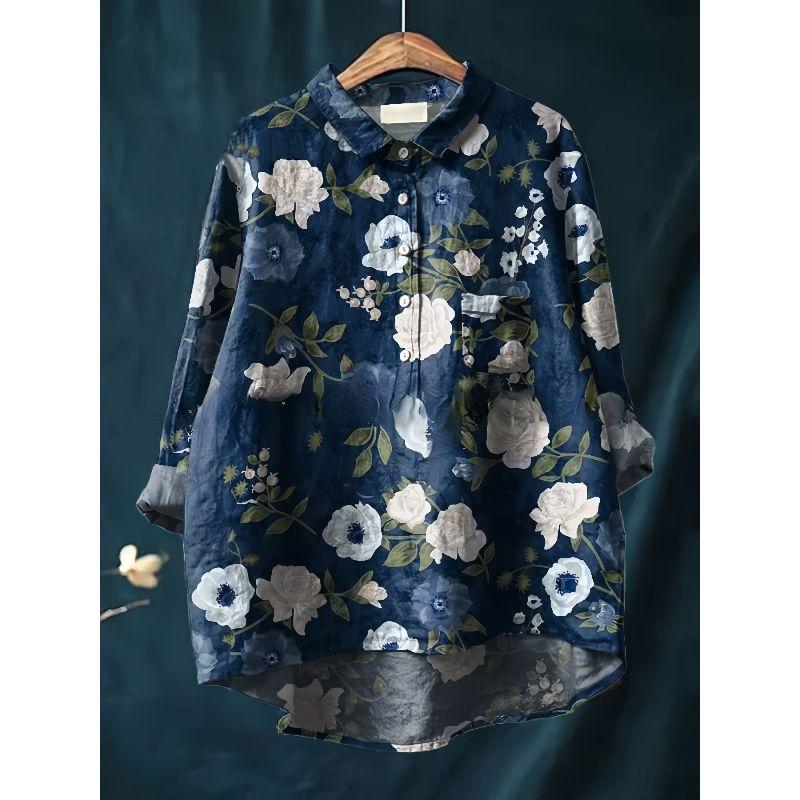 European Plus Size Women Clothing Retro Hong Kong Style Spring and Autumn New Breasted Print Loose Mid-Length Casual Long Sleeve Shirts Top