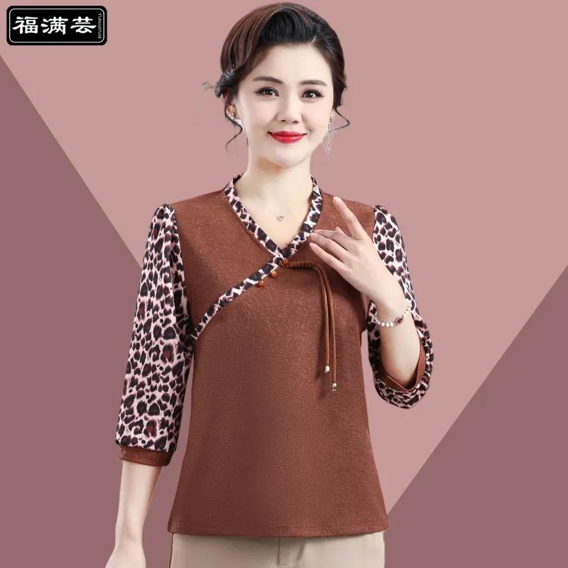 

Middle-aged Spring and Summer New Fashion Fashion Three-quarter Sleeve Loose Women s Patchwork Shirt Western Style Bottoming Top XL