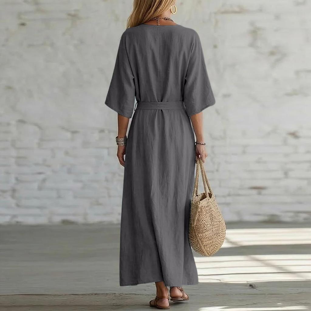Women’s Summer Casual V Neck Short Sleeve Dress with Waist Tie Relaxed Fit Lightweight Midi Length for Everyday Wear
