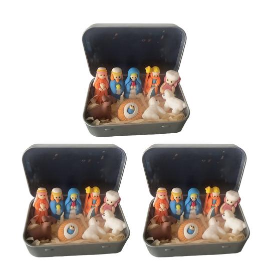 1/2/3Pcs Mini Nativity Scene Set In Tin Box Handcrafted Pocket Size Nativity Scene Tin Resin Birth of Jesus Ornament Christmas Decoration