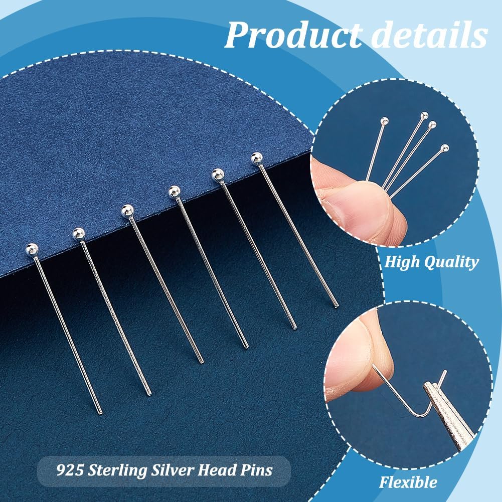 PH PandaHall 60pcs 925 Sterling Silver Ball Head Pins, 20mm Jewelry Making Pins Headpin 24 Guage Bendable Pins for Beading Dangle Earring Bracelet