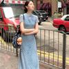 New Chinese style cheongsam collar blue polka dot buckle dress women's summer new slim waist and hip long dress