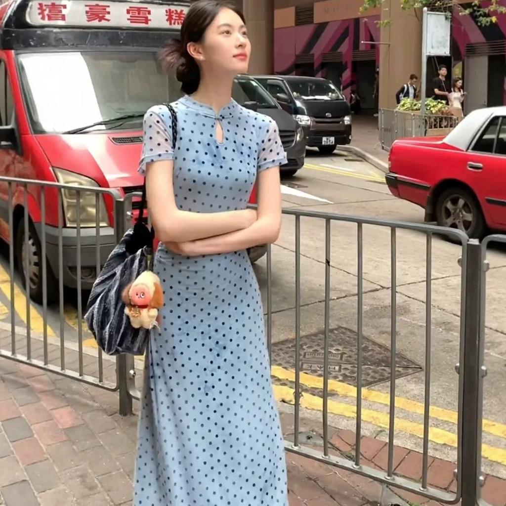 New Chinese style cheongsam collar blue polka dot buckle dress women's summer new slim waist and hip long dress
