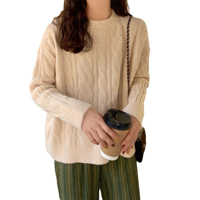 Twist knitted sweater pullover women's autumn and winter new round neck threaded lazy wind thick primer sweater