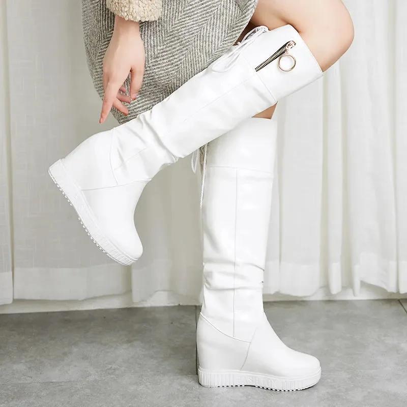 Fashion botas femininas women fashion sweet black patent leahter wedge heel boots lady casual spring & autumn comfort white boots ea406