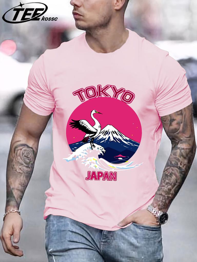 Tokyo Japan Mountain Wave Crane T Shirts Men AllMatch Cotton Basics TShirt Soft Summer Short Sleeve ONeck Loose Casual Top