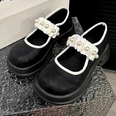 Fashion Women's Thick Soled Mary Jane Shoes Autumn New Round Head Shallow Mouth Beaded One Line Buckle Single Shoes