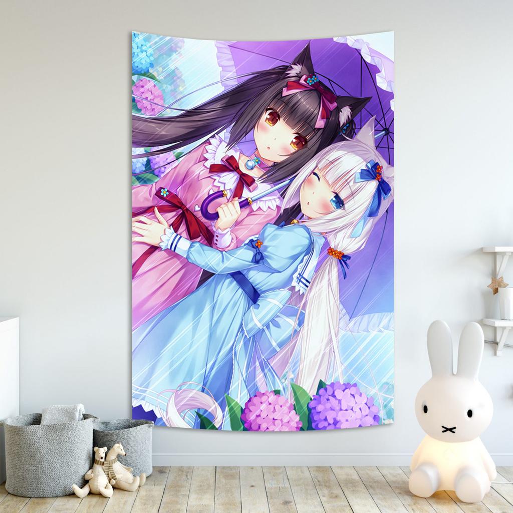 VIKAMA Anime Girl Tapestry Cat Ear Maid Kawaii Japanese Cartoon Ins Style Wall Decor for Bedroom