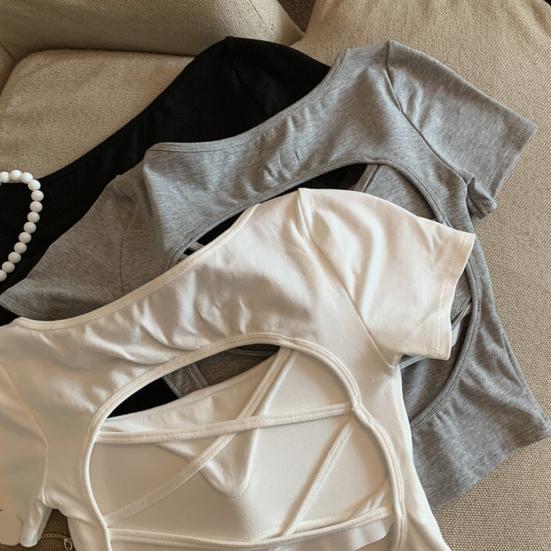 Camiseta de Mujer Cuello Cuadrado Manga Corta Espalda Hueca Camiseta Color Sólido Ajuste Slim Tops Cortos Uso Diario