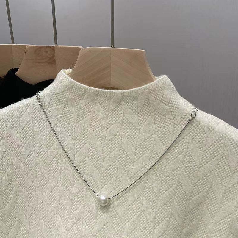 Women's One-piece Velvet Warm Semi High Neck Knitted Sweater with Long Sleeves Inside Casual Loose Pullover for Autumn and Winter