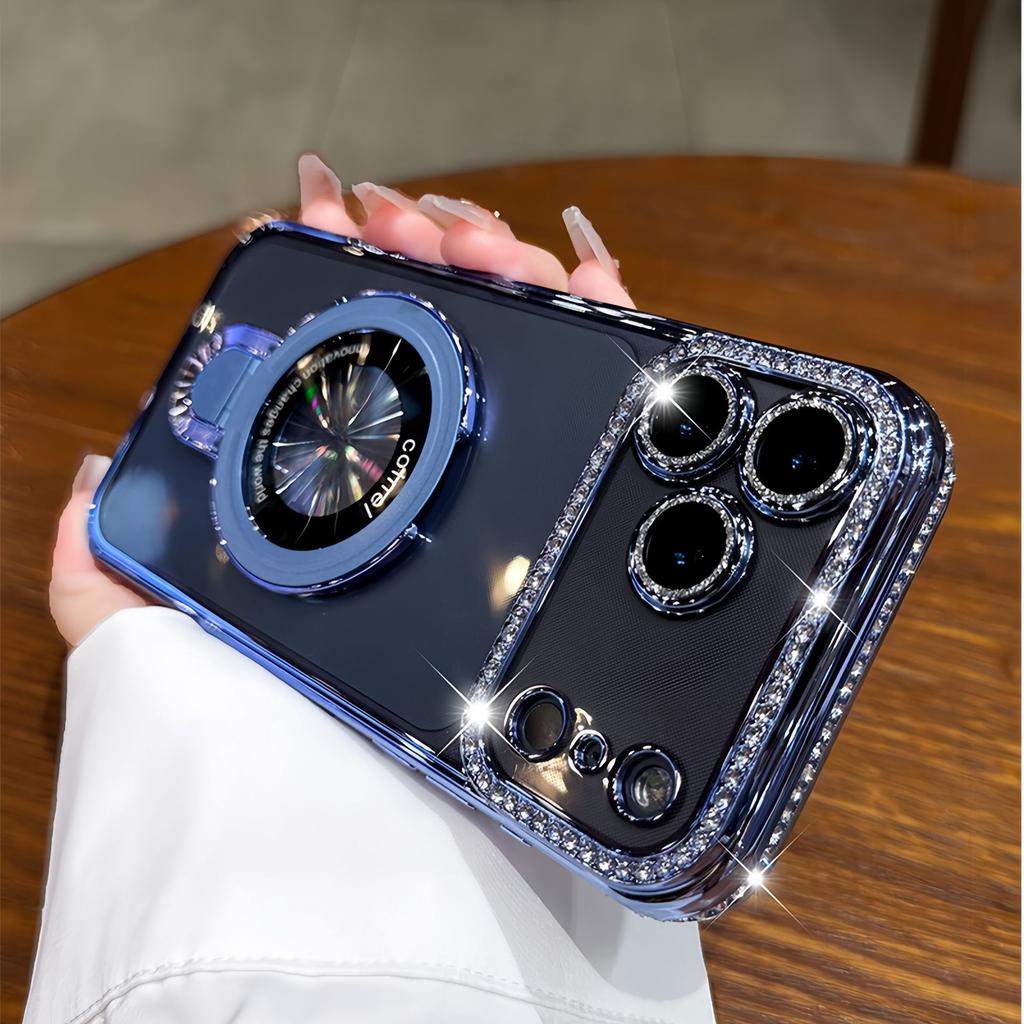 Applicable to iPhone18PROMAX mobile phone case electroplated rhinestone transparent Apple 17 magnetic suction bracket anti-drop protective cover