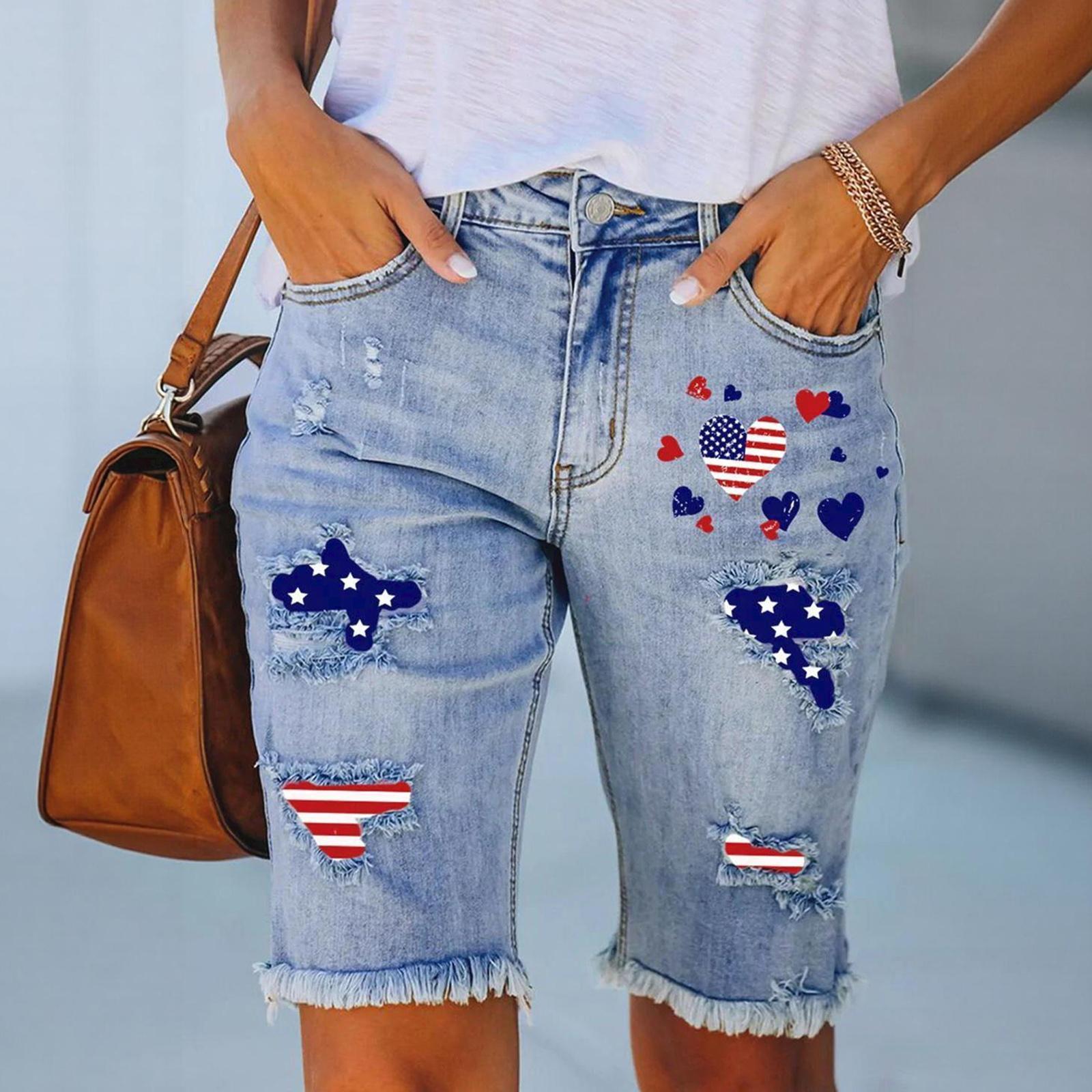 Women s Mid Rise Straight Leg Denim Shorts Distressed Five Inch Length Ripped Knee Casual Summer Jeans L