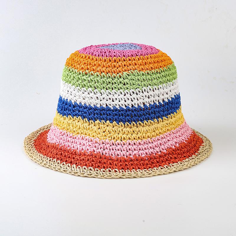 Rainbow Striped Crochet  Bucket Hat  Breathable Straw Beach Hat Handmade  Sun Hat   Women