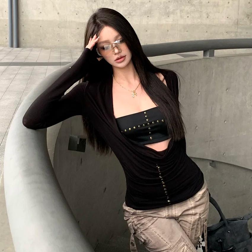 Y2k Punk Two Pieces Tops Irreugal Rivet Tops + Sleeveless Tank Streetwear Americal Retro 90s Black Tee Tops E-girls