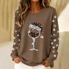 Women's Christmas Wine Glass Print Round Neck Long Sleeve Top for Casual Holiday Party