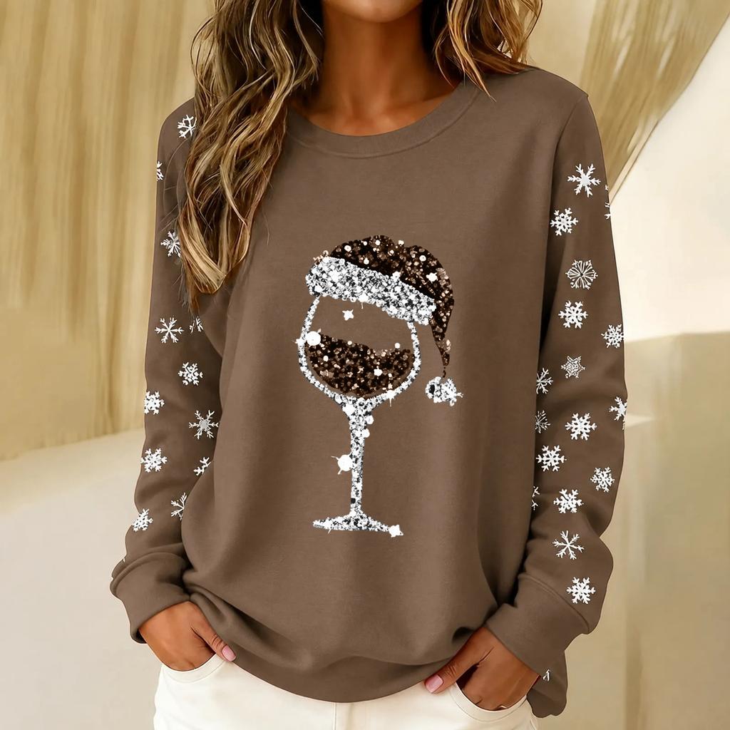 Women's Christmas Wine Glass Print Round Neck Long Sleeve Top for Casual Holiday Party