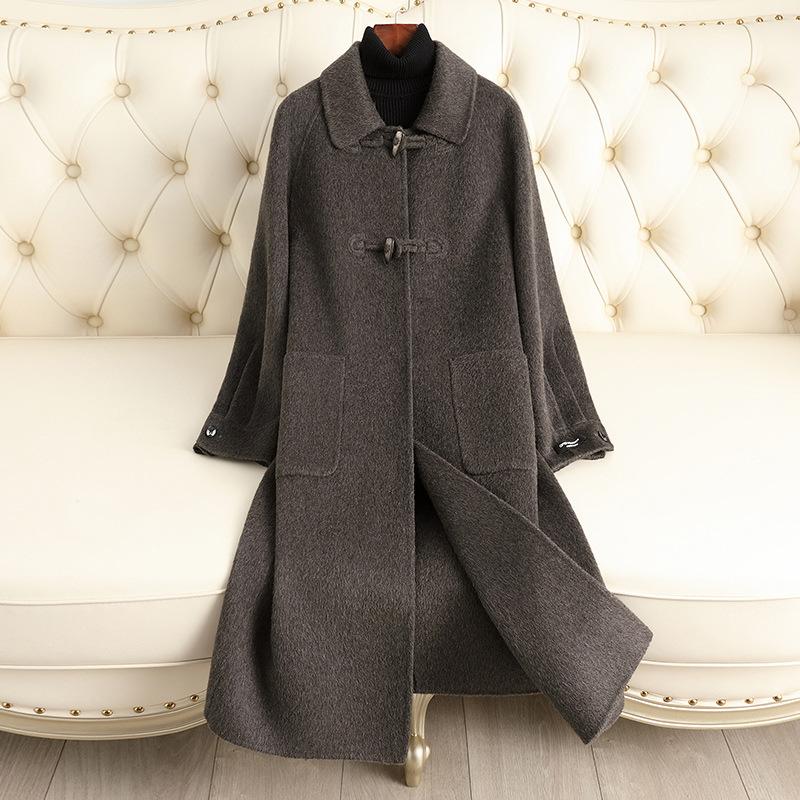 

Осенне-зимнее новое двустороннее кашемировое пальто женское до колена свободное теплое с квадратным воротником высококачественное шерстяное пальто L（130-150）