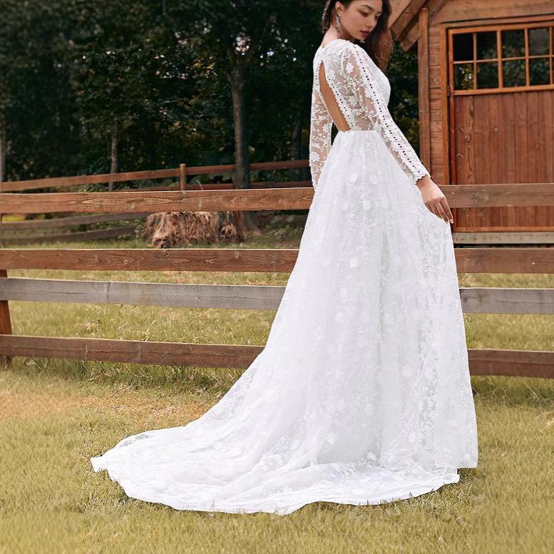 Spring New European and American Style Women's Hollow Deep V Long-sleeved White Lace Pendulum Dress
